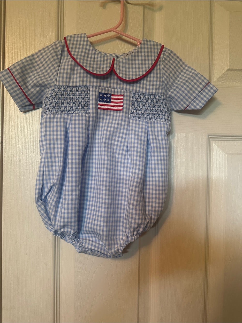 Blue Gingham Smocked Baby One-Piece with Flag Patch